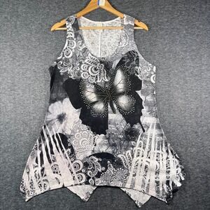 Butterfly Rhinestone Sharkbite Hem Tunic Tank Top Grey Paisley Burnout Large